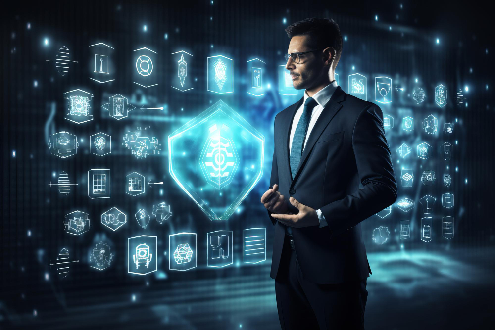 Illustration of digital transformation with interconnected devices and data flow.